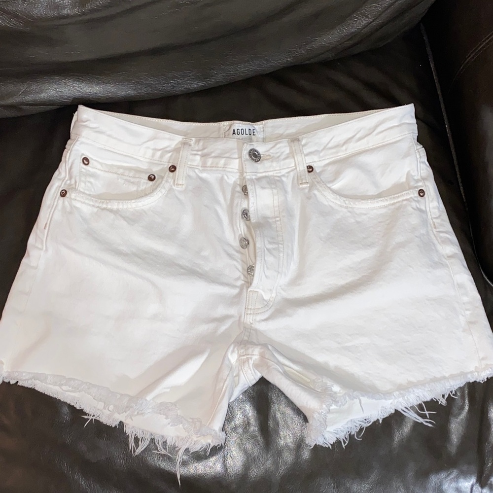 Agolde Bright White Jean Shorts with Distressed Hem